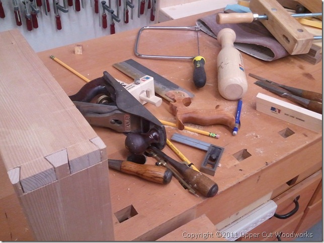 The tools I’m using and a test joint in some hemlock.
