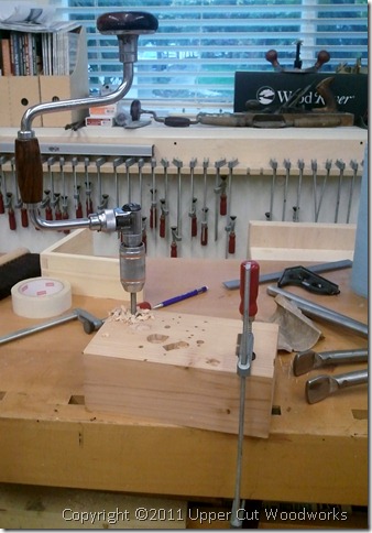 Upper Cut Woodworks Bit Brace in Drill Block Clamped to Bench
