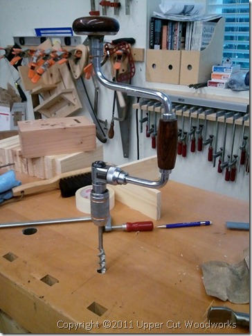 Upper Cut Woodworks Bit Brace in Hole in Bench
